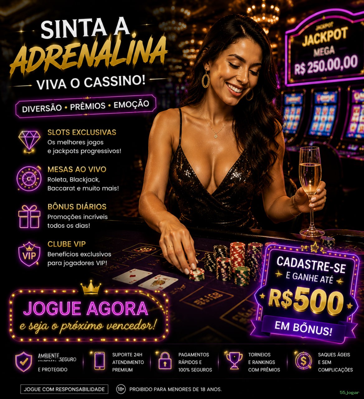 Imagem promocional da 55jogar mostrando a plataforma e suas vantagens